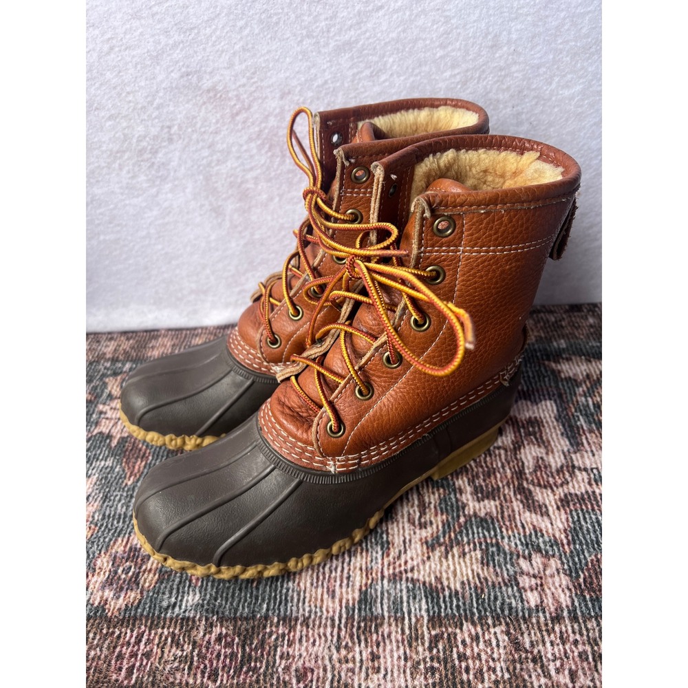 LL Bean Shearling Lined Bean Boots Brown Leather Duck Boots 8 Inch Mens
